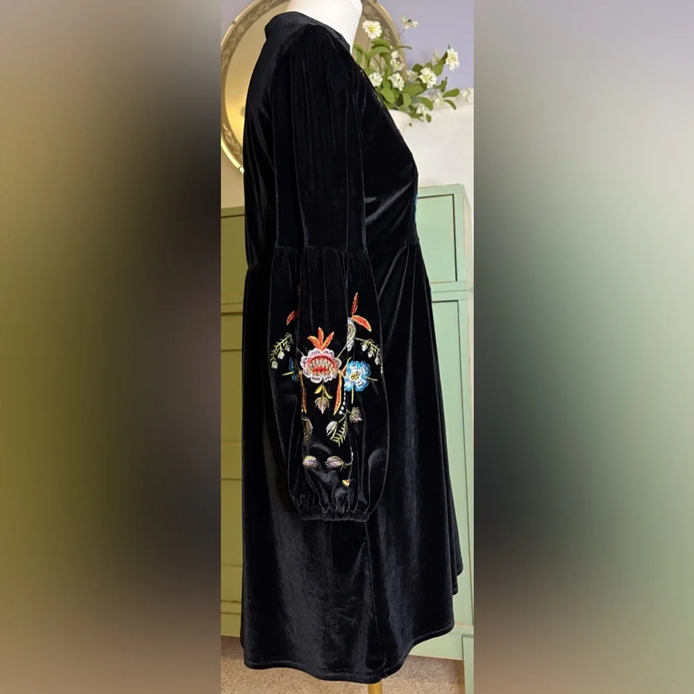 ASA Black Velvet Embroidered Floral Bohemian Style Dress - Picture 7 of 13